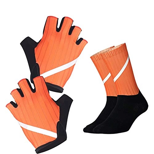 Mountain Bike Gloves : XCHJY Cycling Gloves Highly Reflective With Reflective MTB Socks Men Women Anti Slip Breathable Sport Bike Gloves Bicycle Sock Set (Color : Set Orange, Size : Medium)
