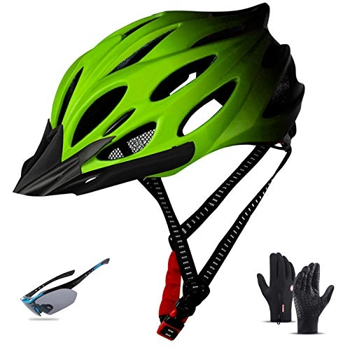 Mountain Bike Helmet : Bicycle Helmet, Road / Mountain Riding Helmet with LED Light Goggles And Gloves Visor MTB Cycle Helmet Adjustable Size for Unisex Men Women 22-24In, E