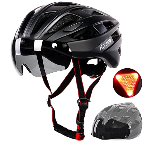 Mountain Bike Helmet : Bike Helmet with Detachable Magnetic Goggles Sun Visor, Lightweight Cycling Helmet, Mountain & Road Bicycle Helmets for Adults Men and Women with Rear Lights, Adjustable Size for Head Size 57-61cm