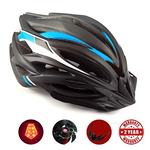 Mountain Bike Helmet : Bike Helmet with Safety Light and Shield Visor, Kinglead CE Certified Unisex Protected Cycle Helmet for Bike Riding Outdoors Sports Safety Superlight Adjustable Bicycle Helmet (Black blue white)