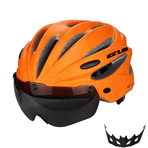 Mountain Bike Helmet : CARBUY Mountain Road Bike Helmet, Glasses Integrated Cycling Helmet for Men And Women, Extended High-Definition Lenses, Ventilated Streamlined Helmet Body, Orange