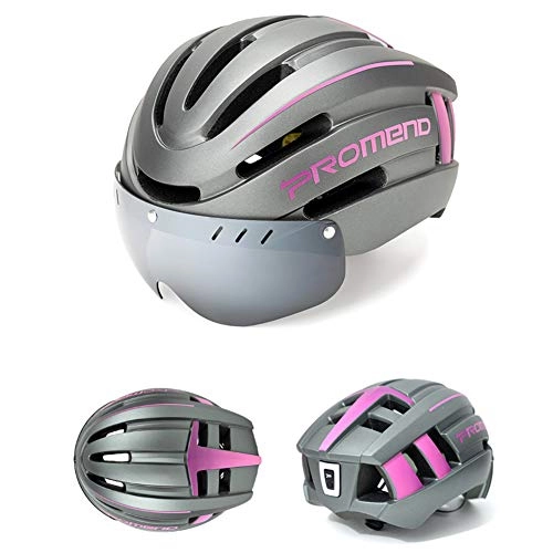 Mountain Bike Helmet : CBPE Bike Helmet for Men / Women, Adult Bicycle Helmet with USB Charging Light&Detachable Magnetic Goggles Visor, Mountain / Road UV Protective Cycling Helmet, 22.4~24.4 Inches, Pink