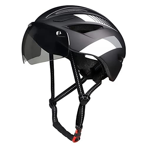 Mountain Bike Helmet : Cycle Helmet for Men and Women with Visor LED Rear Light Removable Magnetic Protective Goggles Breathable and Adjustable MTB Helmet 57-66cm Black