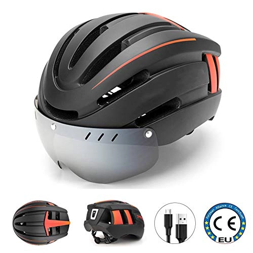 Mountain Bike Helmet : Cycle Helmet, Mountain Bike Helmet with LED Taillight CE Certified Adjustable Lightweight Bicycle Helmet for Adults Men / Women- Size 57-62cm, Black and yellow