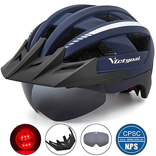 Mountain Bike Helmet : CZCJD Cycling Helmet Bikebike Helmet Led Light Adult Men Women Bicycle Helmet With Visor Glasses Goggles Mtb Mountain Road Bike Cycling Helmets, Navy Blue