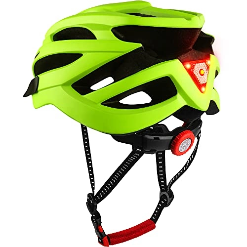Mountain Bike Helmet : DesignSter LED Lightweight Bike Helmet with Rear Light - 21 Vents, Adjustable Mountain Road Bicycle allround cycling Helmet Mens Women Youth for Bike Riding (58-61CM with Visor, Yellow)