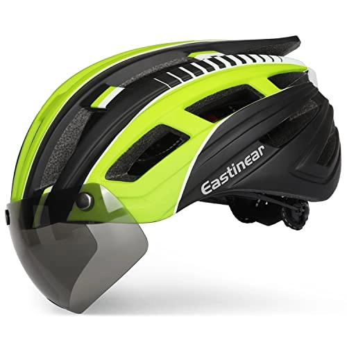 Mountain Bike Helmet : EASTINEAR Bike Helmet Adults Mountain Road Cycling Helmet with LED Lights and Magnetic Goggles Men Ladies Helmet Cycle In-Mold (BlackYellow)