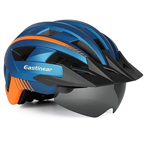 Mountain Bike Helmet : EASTINEAR Bike Helmet Men Women Allround Cycling Helmets with Magnetic Goggles USB Rechargeable Light Removable Visor Adjustable Bicycle Helmet (Blue)