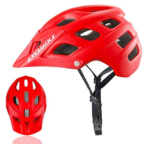 Mountain Bike Helmet : Exclusky Adults Mountain Cycle Helmet with Detachable Visor Adjustable& Lightweight EPS+PC for Cyclist Safety Protection (Red