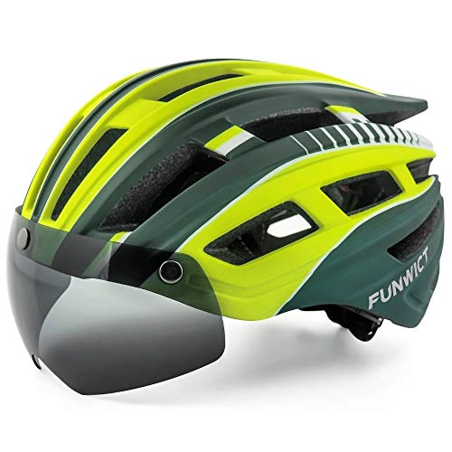 Mountain Bike Helmet : FUNWICT Bike Helmet with Detachable Magnetic Goggles for Adults Men Women Bicycle Helmet with LED Light Breathable Mountain Road Helmet Adjustable 57-61 CM (GreenYellow)