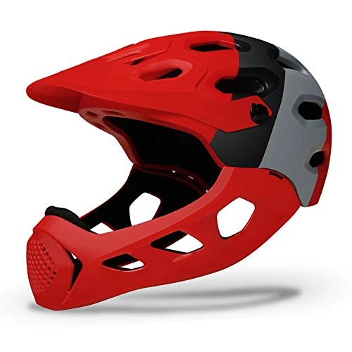 Mountain Bike Helmet : JHHXW Cycling Helmet, Removable Protective Chin Bar, Mountain Bike Full Face Extreme Sports Safety Helmet, M / L (56-62cm) (Color : Red)