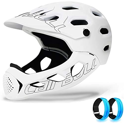 Mountain Bike Helmet : JJIIEE Lightweight Bike Helmet, Detachable Chin Guard Off-Road Mountain Bike Helmet, CE Safety Certification(Fits Head Sizes 56-62cm), 2 free LED armbands, White