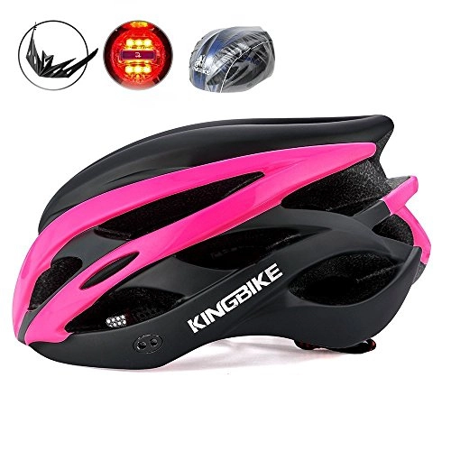 Mountain Bike Helmet : KING BIKE Cycle Helmet Mens Womens Adults Bicycle Bike Cycling Helmets for Men Ladies Women with Safety Rear Led Light and Helmet Packpack Lightweight(black&rose red, XL:59-63CM)