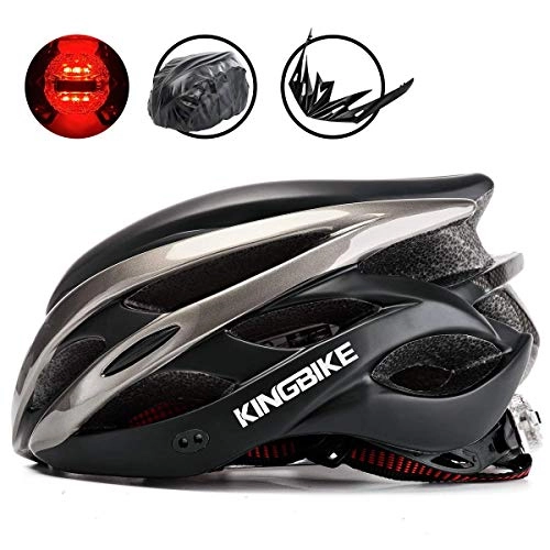 Mountain Bike Helmet : KING BIKE Cycle Helmet Mens Womens Adults Bicycle Bike Cycling Helmets for Men Ladies Women with Safety Rear Led Light and Helmet Packpack Lightweight(Black & Titanium, XL:59-63CM)