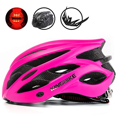 Mountain Bike Helmet : KING BIKE Cycle Helmet Mens Womens Adults Bicycle Bike Cycling Helmets for Men Ladies Women with Safety Rear Led Light and Helmet Packpack Lightweight(rose red, XL:59-63CM)