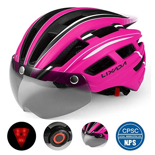 Mountain Bike Helmet : Lixada Mountain Bike Helmet Breathable Motorcycling Helmet with Back Light Detachable UV Protective Magnetic Goggles Visor for Men Women (Rose & black)