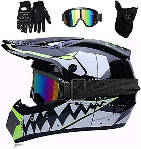 Mountain Bike Helmet : LVLUOKJ Motocross Helmet, Motorcycle Cross Helmet with Gloves Mask Goggles, Youth Kids Dirt Bike Helmets, Full Face MTB Helmet, Off Road Crash Helmet Protective Gear (Color : Black, Size : L)
