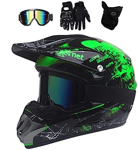Mountain Bike Helmet : LVLUOKJ Motocross Helmet, Motorcycle Cross Helmet with Gloves Mask Goggles, Youth Kids Dirt Bike Helmets, Full Face Off Road Crash Helmet (Color : Green, Size : L)