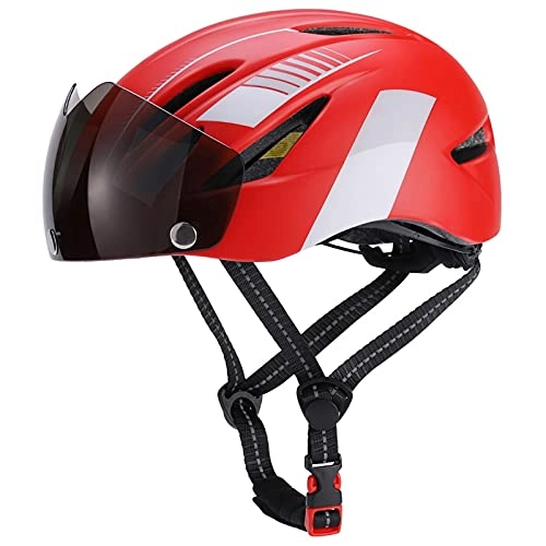 Mountain Bike Helmet : MINGJ Bicycle Helmet with Removable Sun Visor LED Rear Light, Bike Helmet for Adult Men Women for BMX Skateboard MTB Mountain Road Bike Adjustable size 57-66cm, Red+White