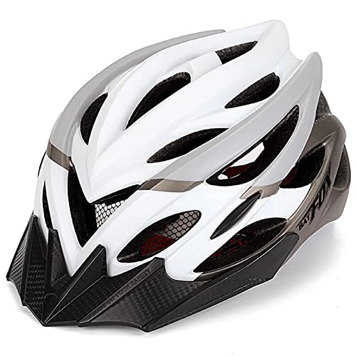 Mountain Bike Helmet : MINGJ Lightweight Bicycle Helmet for Adult Men Women, Cycling Bicycle Helmet with LED Light for BMX Skateboard MTB Mountain Road Bike Adjustable size 56-59cm, White Titanium
