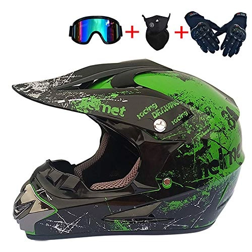 Mountain Bike Helmet : MMEDA Adult Off Road Crash Helmet, Motocross Mountain Bike Motorbike Crash Helmet Full Face Motorcycle Scooter ATV Helmet for BMX Enduro MTB with Goggle Gloves Windproof mask, Green Black, L