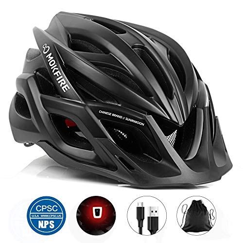 Mountain Bike Helmet : MOKFIRE Adult Bike Helmet CPSC Certified Bicycle Cycling Helmet with USB Light / Removable Visor / Replacement Pad Adjustable Mountain Road Biking Helmets for Adults Men Women 22.44-24.41 Inches(Black)