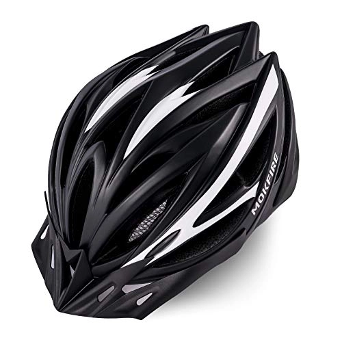 Mountain Bike Helmet : MOKFIRE Adult Bike Helmet for Men Women with Removable Visor & Rear Light CPSC Certified Bicycle Cycling Helmet Adjustable Lightweight Mountain Road Helmets, Black White Matte