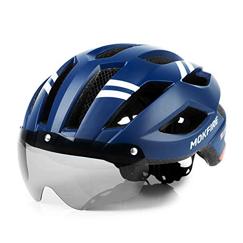 Mountain Bike Helmet : MOKFIRE Adult Bike Helmet with Magnetic Goggles and Rechargeable USB Light, Adjustable Bicycle Helmet for Men / Women Road Mountain Cycling, 21.65-24.41 Inches - Navy