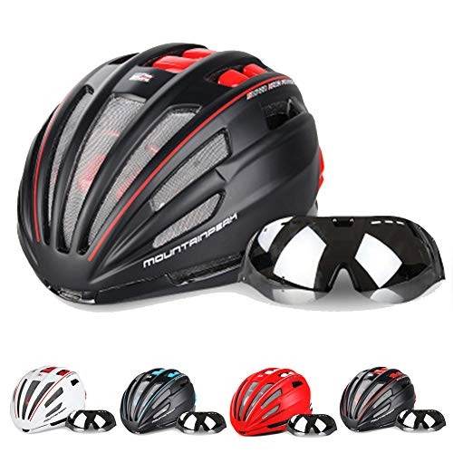 Mountain Bike Helmet : Mountain Bike Helmet Adult, Bike Helmet CE Certified with Detachable Magnetic Goggles Visor Shield, Cycle Helmet Adjustable for Adult Men and Women, Lightweight Cycle Bicycle Helmets, black red