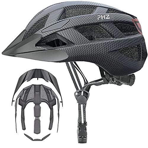 Mountain Bike Helmet : PHZ Bicycle Helmet with Safety LED Light Bike Cycle Road Mountain Skateboard Scooter Hoverboard CE Certified Adjustable Helmet for Adult Men Women With Detachable Visor Inner Pads