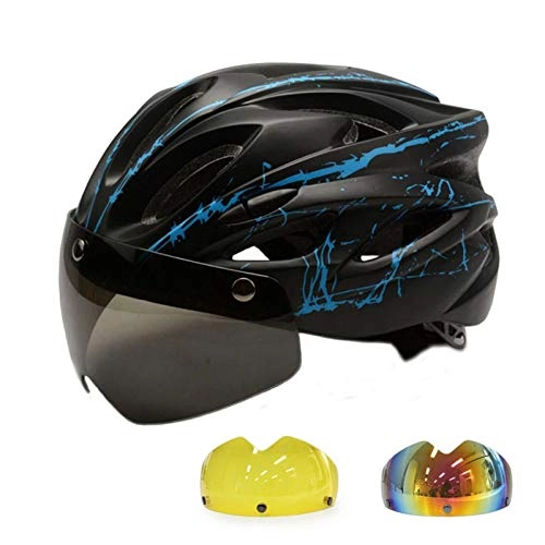 Mountain Bike Helmet : PLDYJ Black bicycle goggles helmet, ultra-light patterned bicycle helmet, used for mountain road bike integral moulded bicycle helmet (Color : Blue 3 lens)