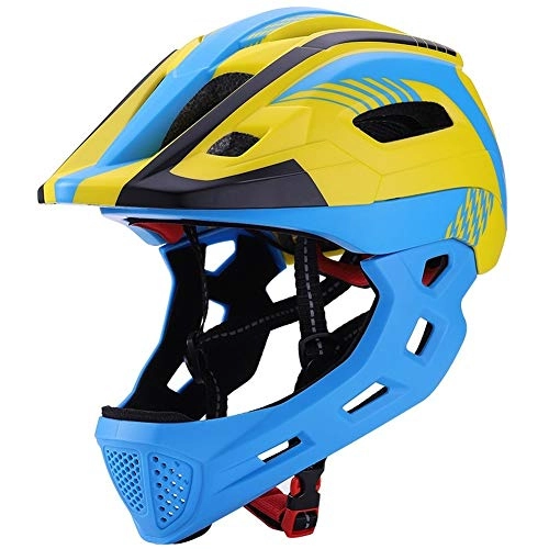 Mountain Bike Helmet : QIUBD Kids balance bike helmet sliding scooter helmet detachable chin children full face helmet Adjustable 52-57cm (Blue Yellow)
