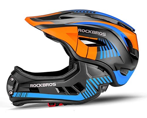Mountain Bike Helmet : ROCKBROS Bike Kids Full Face Helmet for Children Safety Bicycle Downhill Helmet with Detachable Chin and Taillight Shockproof Anti-sweat Head Guard Integrated EPS / PC 48-58cm 4 Colors