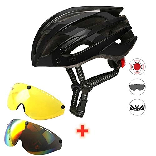 Mountain Bike Helmet : SGEB Bike Helmet Magnetic Goggles Road Bicycle Helmet With Taillight Mountain Visor Cycling Helmet, Black 2lens
