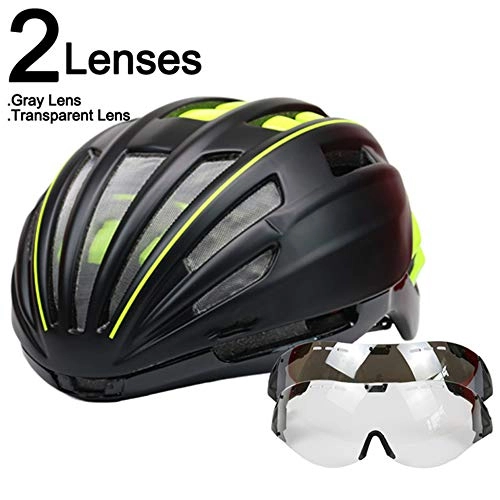 Mountain Bike Helmet : SGEB Cycling Helmet Glasses Goggles Race Road Mountain Bicycle Helmet Bike Helmet, Black Green 2 Lenses, (54-60cm)