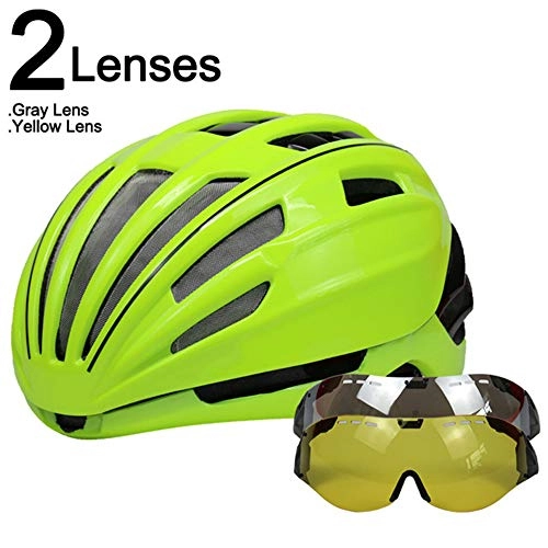 Mountain Bike Helmet : SGEB Cycling Helmet Glasses Goggles Race Road Mountain Bicycle Helmet Bike Helmet, Green Black 2 Lenses, (54-60cm)