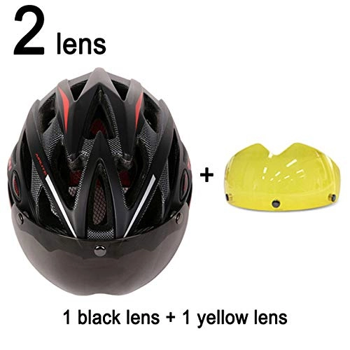 Mountain Bike Helmet : SGEB Goggles Bicycle Helmet Road Mountain Cycling Helmet With Lens Ultralight Bike Helmet, Black Red 2 Lenses, L (58-61cm)