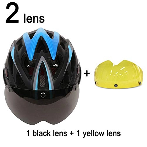 Mountain Bike Helmet : SGEB Goggles Bicycle Helmet Road Mountain Cycling Helmet With Lens Ultralight Bike Helmet, Blue Black 2 Lenses, L (58-61cm)