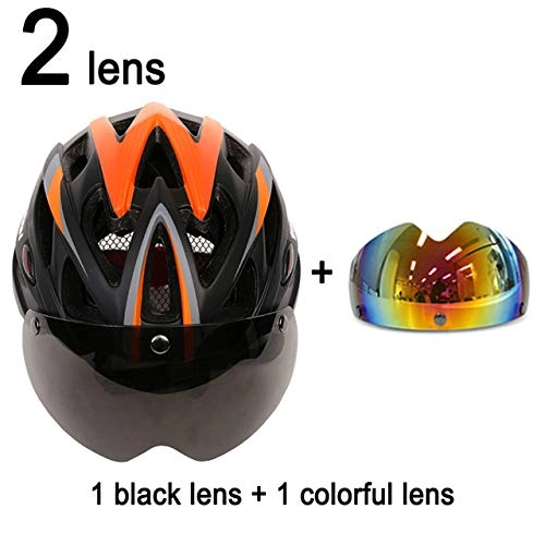 Mountain Bike Helmet : SGEB Goggles Bicycle Helmet Road Mountain Cycling Helmet With Lens Ultralight Bike Helmet, Orange Black 2Lenses, L (58-61cm)