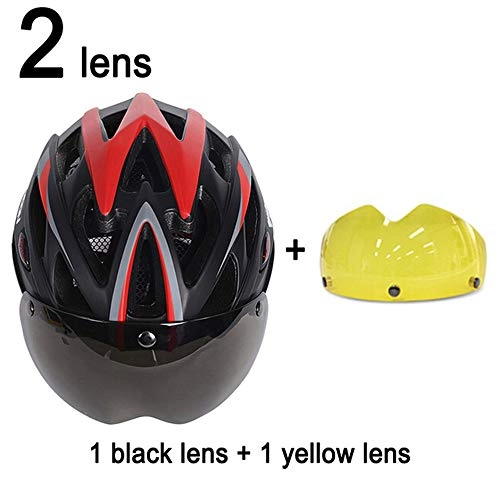 Mountain Bike Helmet : SGEB Goggles Bicycle Helmet Road Mountain Cycling Helmet With Lens Ultralight Bike Helmet, Red Black 2 Lenses, L (58-61cm)