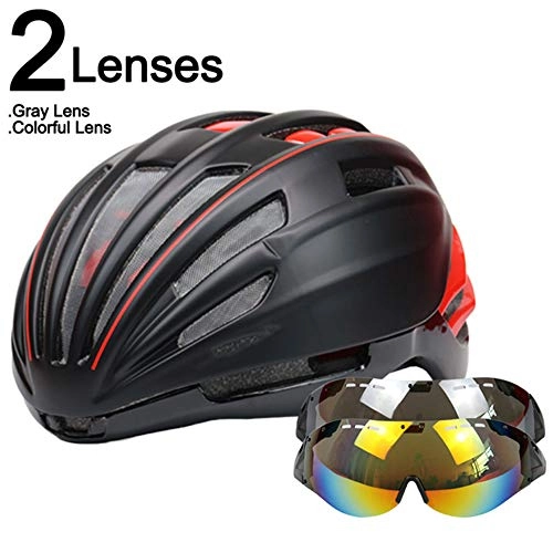 Mountain Bike Helmet : SGEB Goggles Cycling Helmet Road Mountain Bike Bicycle Helmet With Glasses Helmet Bike, Black Red 2 Lenses, (54-60cm)