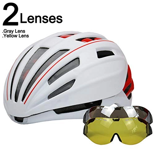 Mountain Bike Helmet : SGEB Goggles Cycling Helmet Road Mountain Bike Bicycle Helmet With Glasses Helmet Bike, White Red 2 Lenses, (54-60cm)