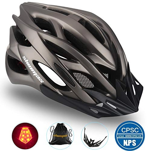 Mountain Bike Helmet : Shinmax Bike Helmet with LED Light, Bike Helmet Adult with Visor Bicycle Helmet Storage Backpack, Lightweight Adjustable Cycling Helmet Specialized Mountain Road Bike Helmet for Men Women 57-62CM