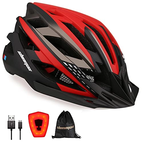 Mountain Bike Helmet : Shinmax Bike Helmet with Safety USB LED Light, CE Certified Adjustable Detachable Visor Specialized Mountain & Road Cycle Helmet for Men Super Lightweight Bicycle Helmet Adult Bike Helmet with Backpack