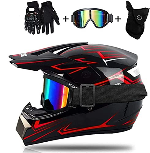 Mountain Bike Helmet : TKUI Motocross Helmet with Goggles Gloves Mask, Reddish Black Full Face MTB Helmet Kids Cross Helmet, Unisex Enduro Downhill BMX Off Road Bike, D.O.T Certified (M)
