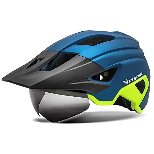 Mountain Bike Helmet : VICTGOAL Adult Bike Helmet Men with USB Rechargeable LED Rear Light Detachable Magnetic Goggles and Sun Visor Mountain & Road Bicycle Helmets for Men Women Cycling Helmets (Blue Yellow)
