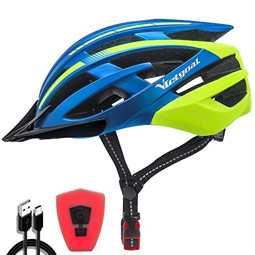 Mountain Bike Helmet : VICTGOAL Bike Helmet for Adults Men Women USB Rechargeable Rear Light Bicycle Helmet Detachable Sun Visor Cycling Helmet Mountain Road Biking (Blue Yellow)