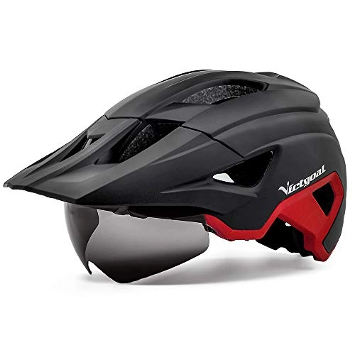 Mountain Bike Helmet : Victgoal Bike Helmet for Men Women Adults with Magnetic Goggles and Sun Visor Bicycle Helmet MTB Mountain Road Cycle Helmet with Rechargeable Rear Light (Black Red)
