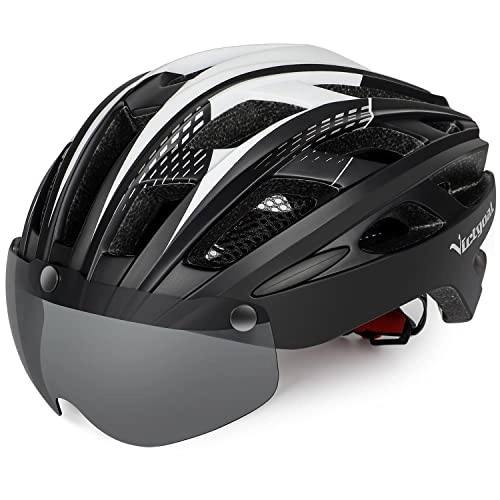 Mountain Bike Helmet : Victgoal Bike Helmet for Men Women Cycle Helmets with Magnetic Goggles Visor and LED Rear Lights Mountain Road Bike Adult Cycling Bicycle Helmet (New Black)