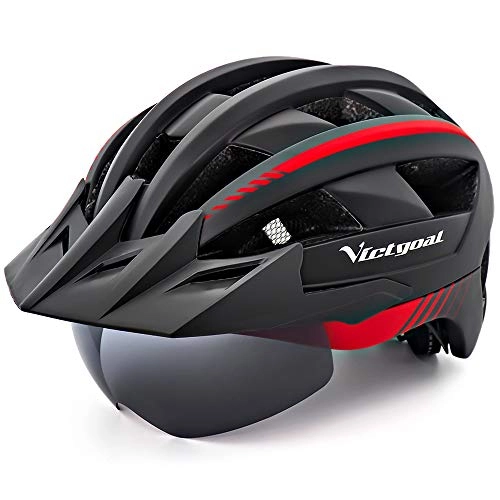 Mountain Bike Helmet : Victgoal Bike Helmet for Men Women with Led Light Detachable Magnetic Goggles Removable Sun Visor Mountain & Road Bicycle Helmets Adjustable Size Adult Cycling Helmets (Black Red)